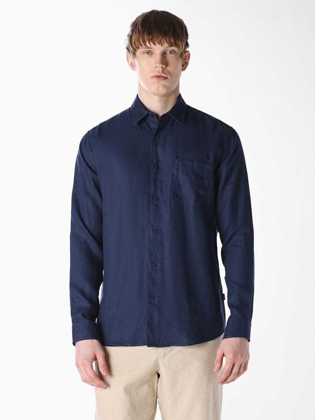 Navy Washed linen-cotton shirt