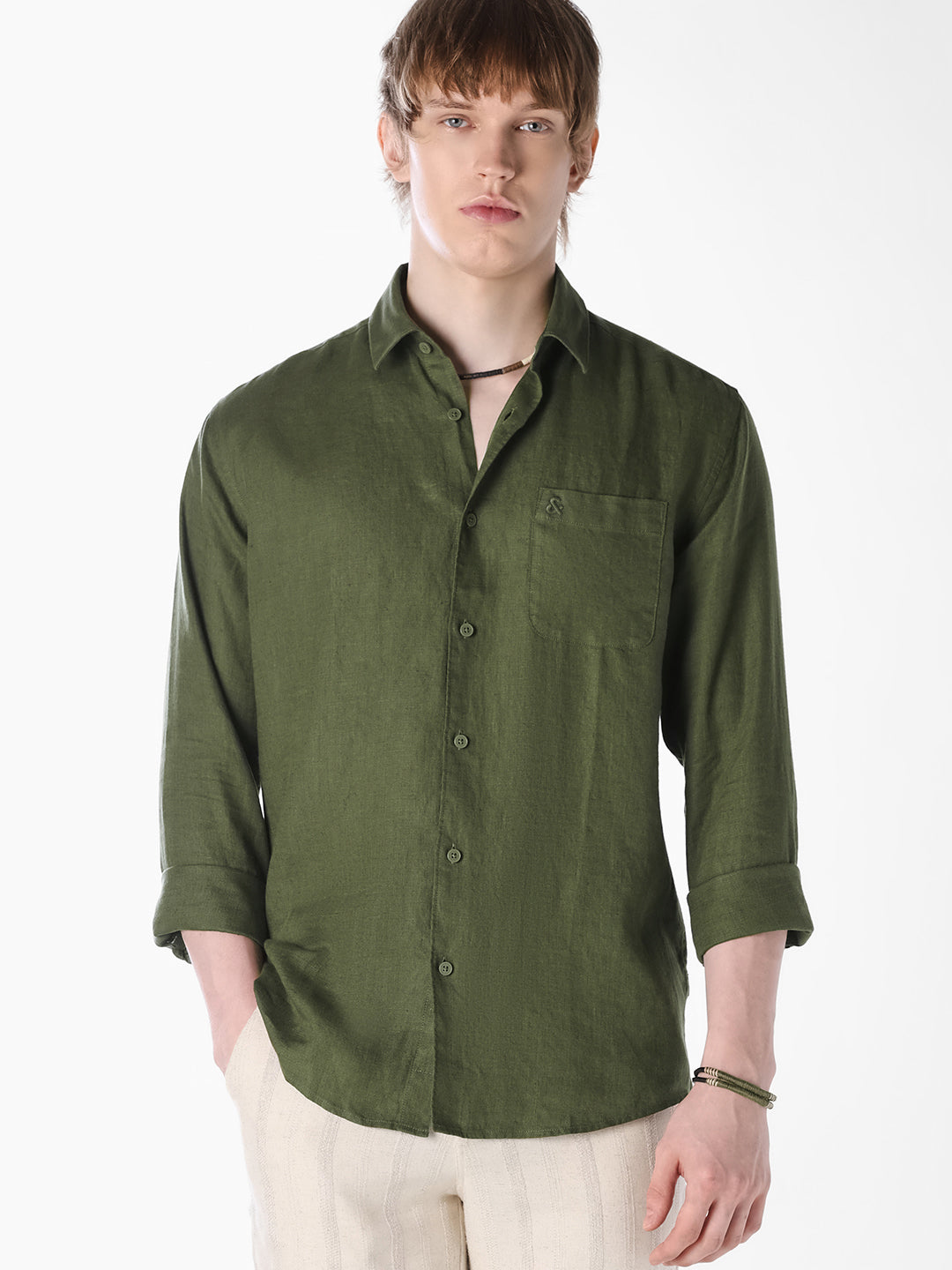 Olive Washed linen-cotton shirt