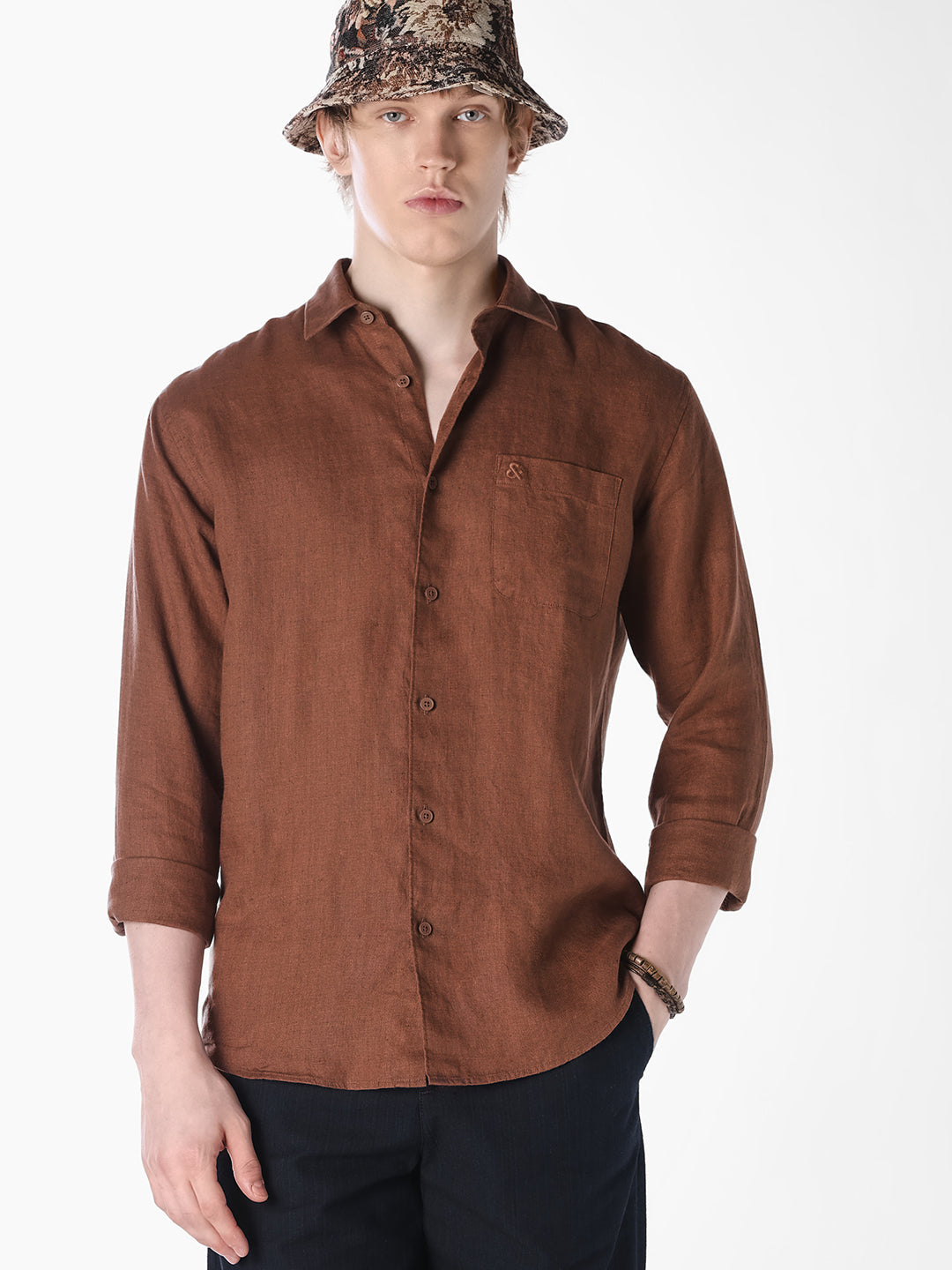Brown Washed linen-cotton shirt