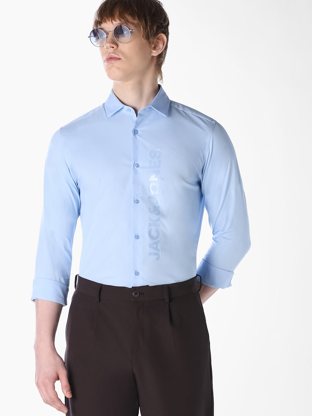 Light Blue Logo Print Slim Fit Shirt