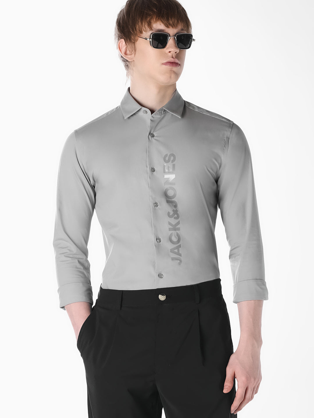 Grey Logo Print Slim Fit Shirt