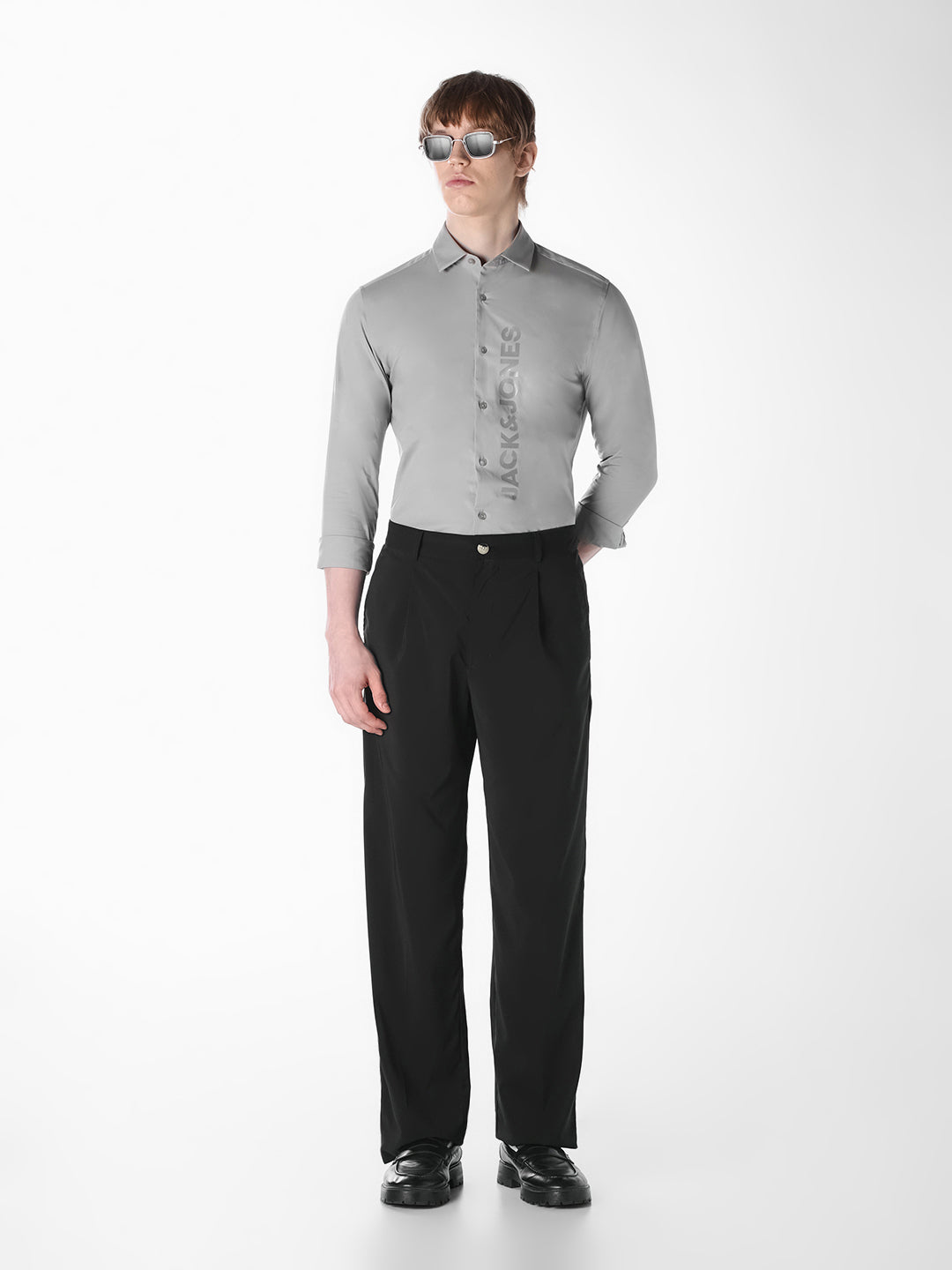 Grey Logo Print Slim Fit Shirt