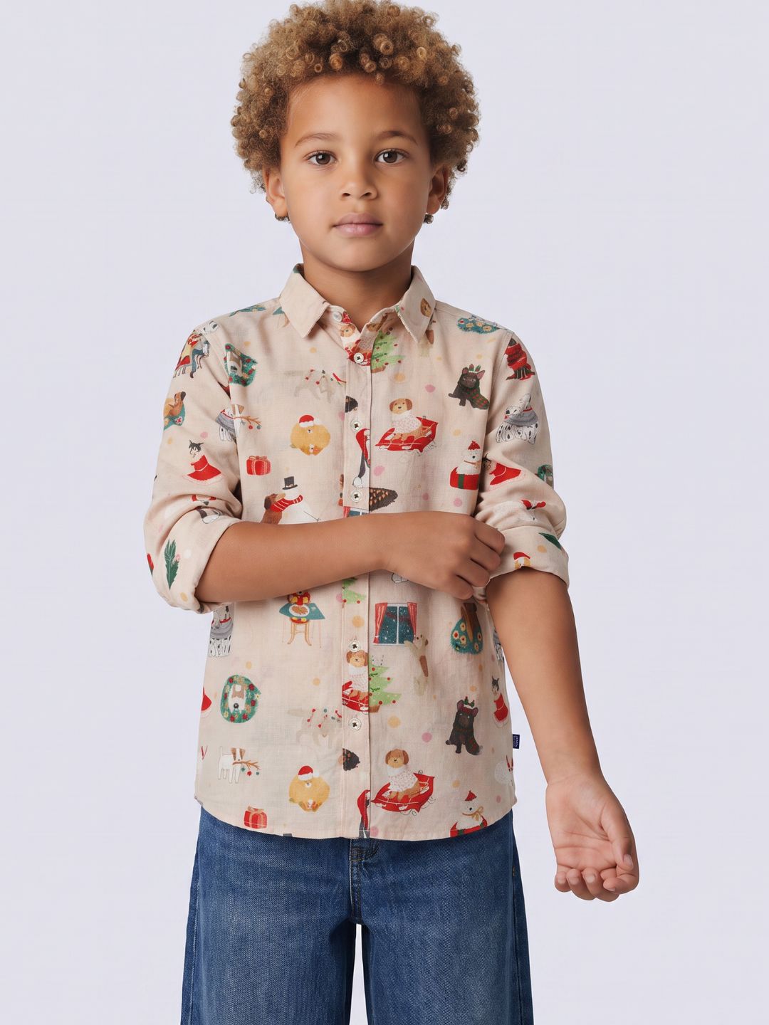 Boys Beige Printed Cotton Shirt