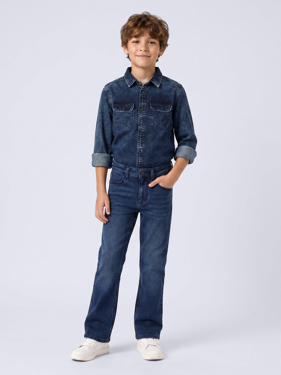 Boys Dark Blue Cotton Denim Shirt