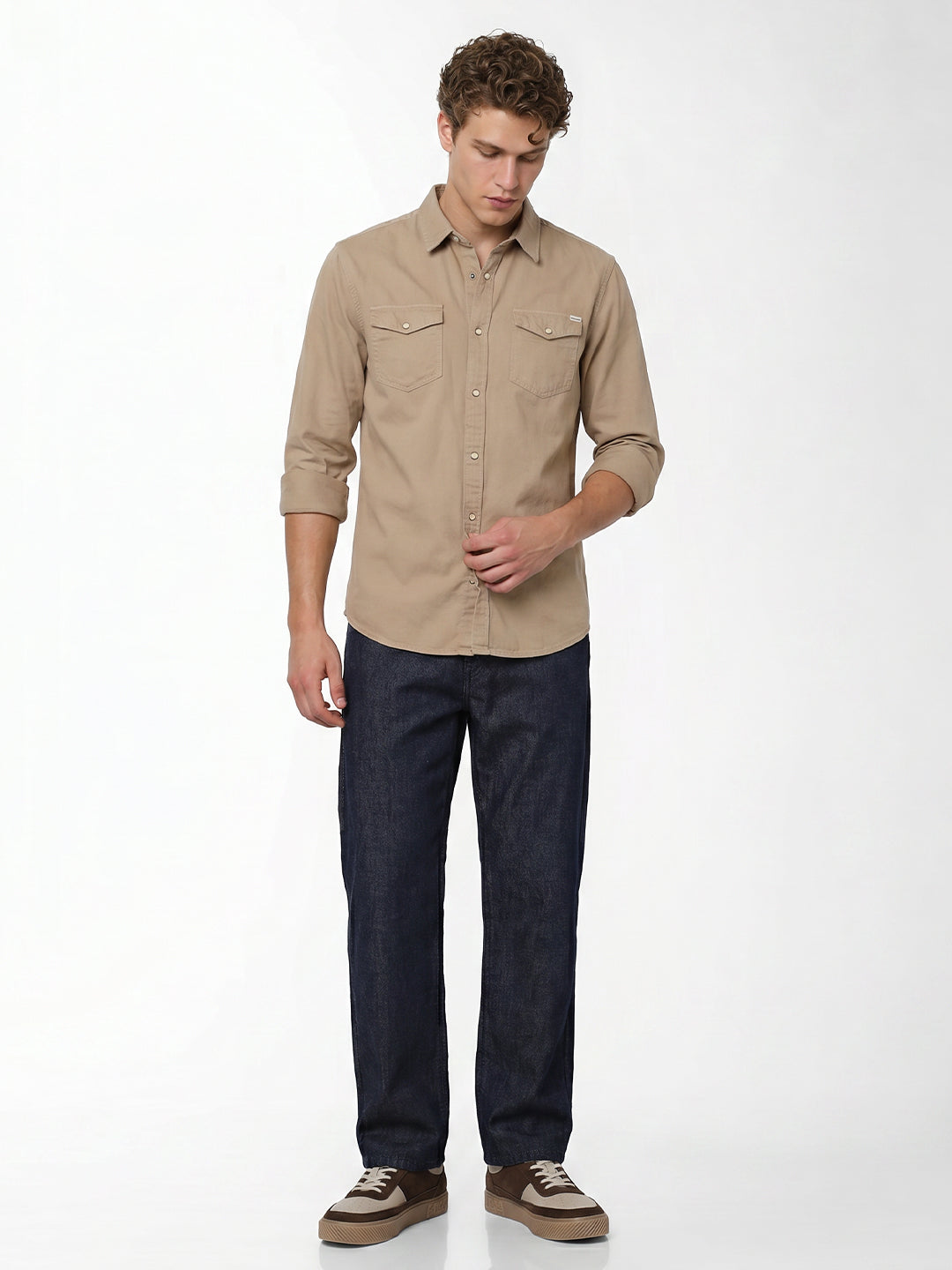 Beige Cotton Full Sleeves Shirt