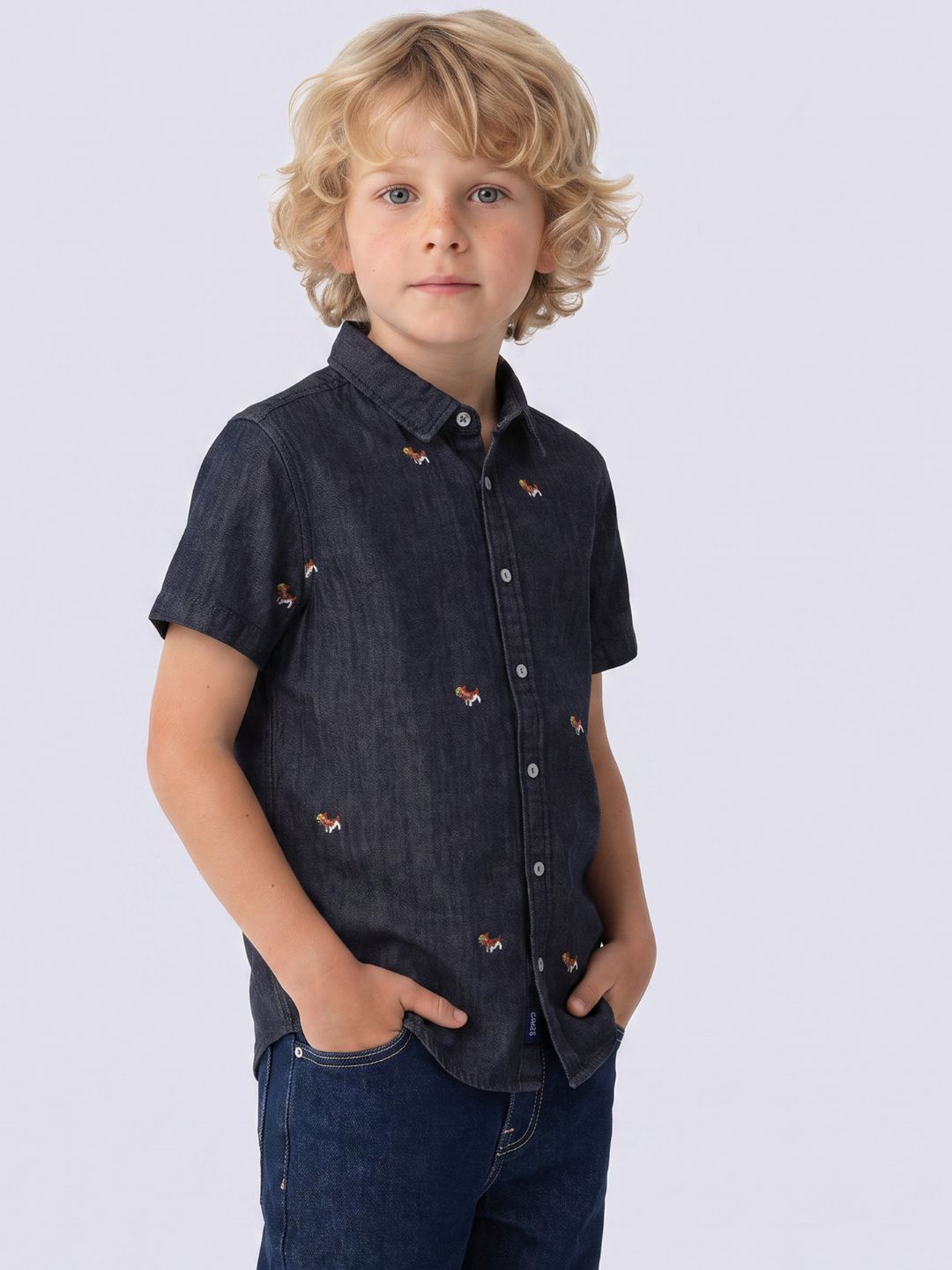 Boys Dark Blue Embroidered Shirts - 2/3Y