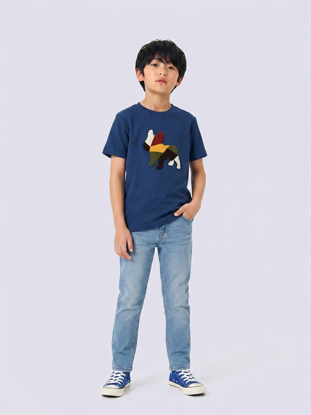 Boys Dark Blue Dog Print T-shirt