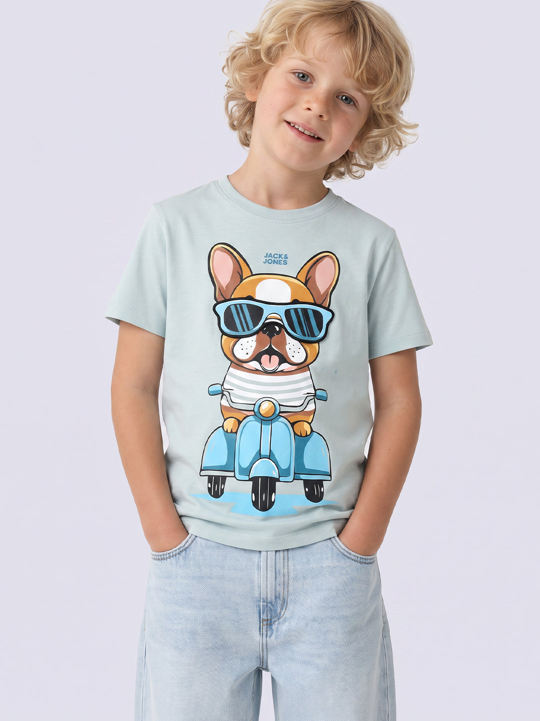 Boys Blue Printed Cotton T-shirt