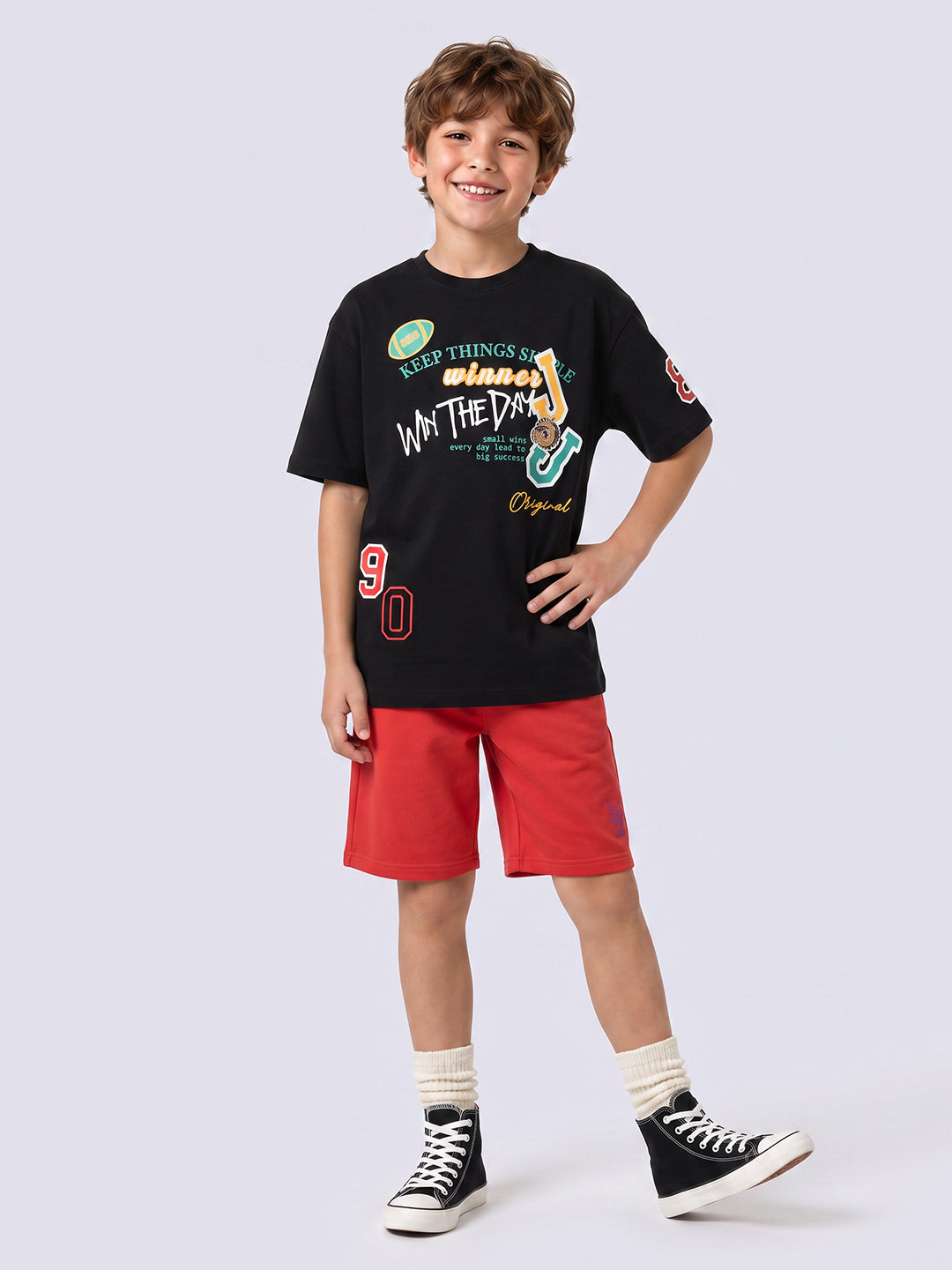 Boys Black Printed Cotton T-shirt
