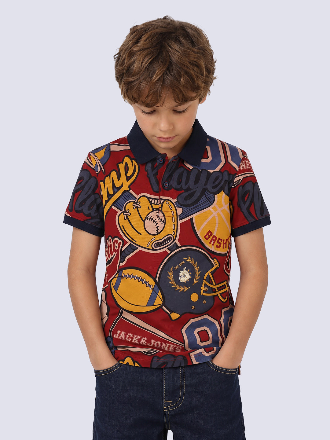 Boys Red Printed Cotton Polo - 2/3Y