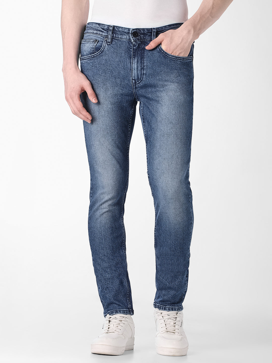 Blue Cotton Blend Slim Fit Jeans