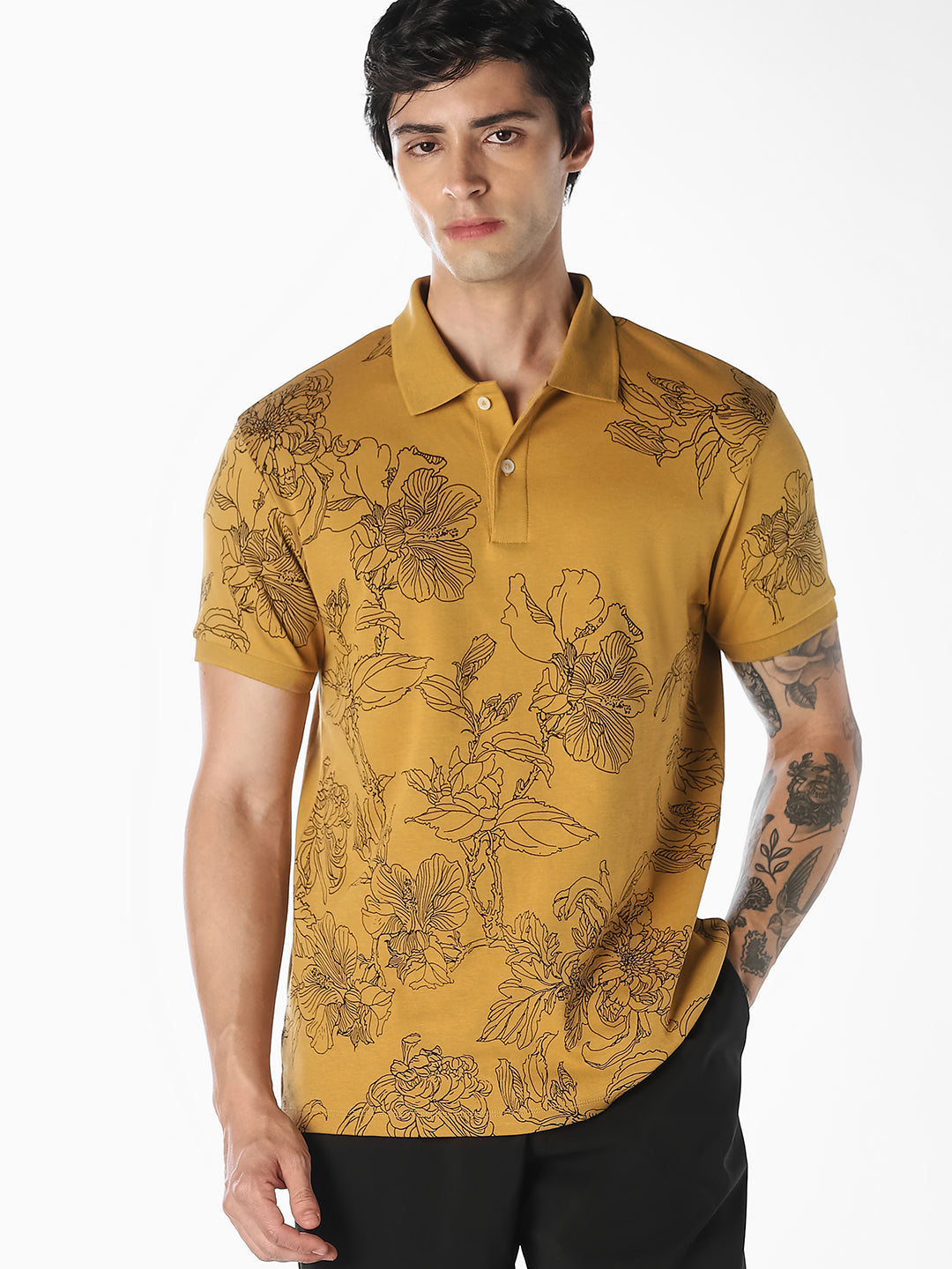Brown Floral Cotton Polo - S