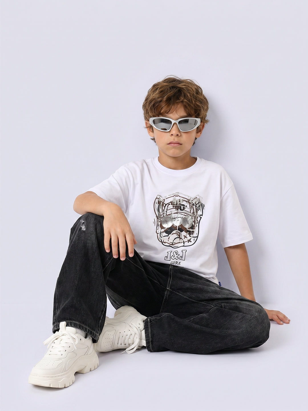 Boys White Foil Print Cotton T-shirt - 2/3Y