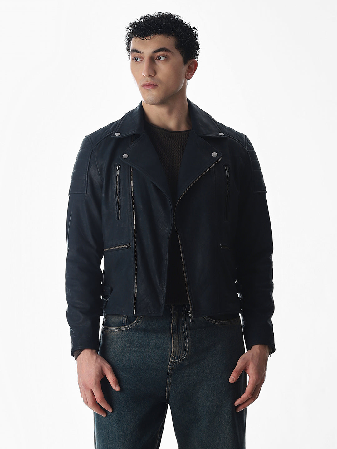 Navy Blue Leather Jacket
