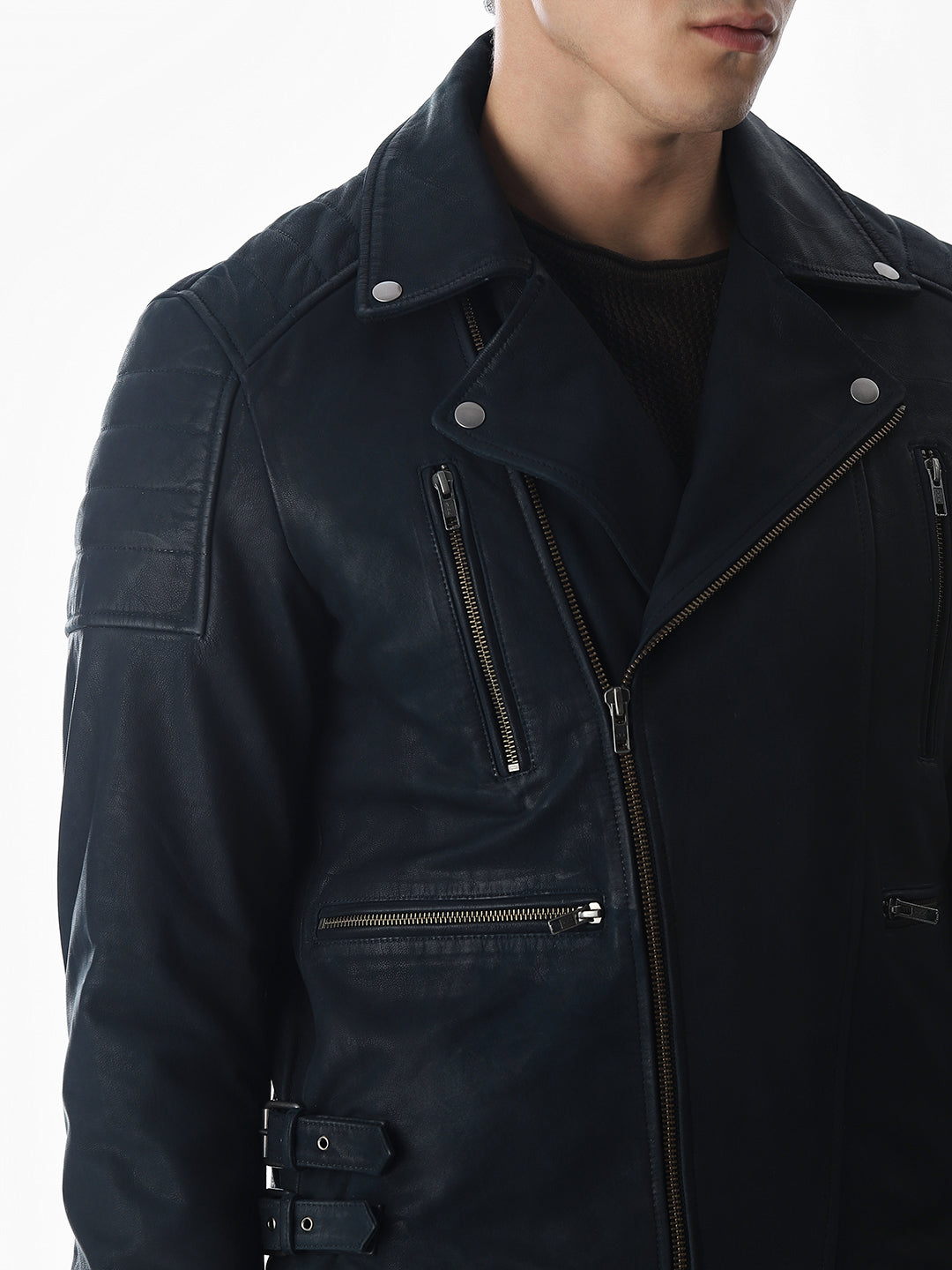 Navy Blue Leather Jacket