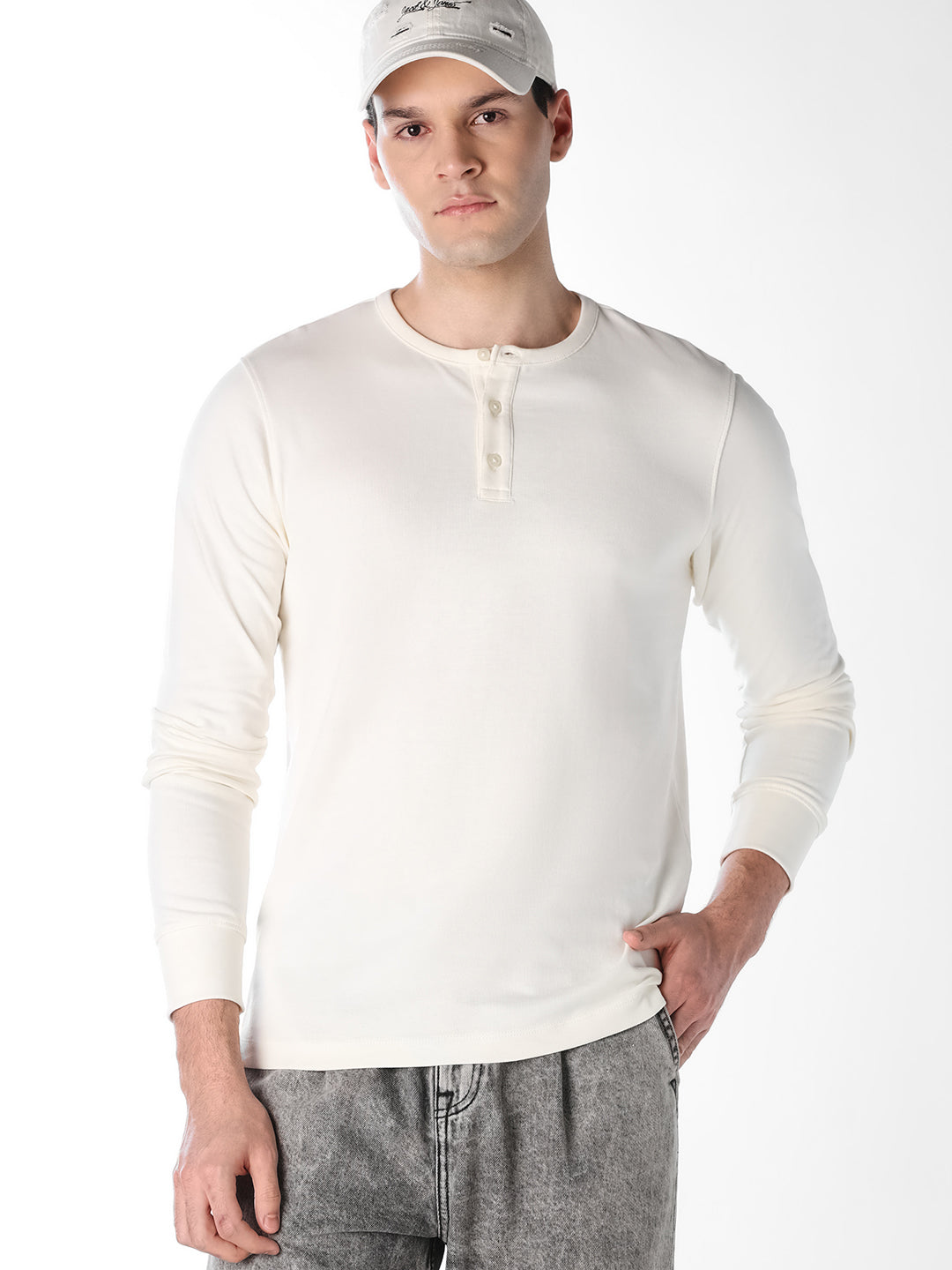 White Cotton Henley T-shirt - S
