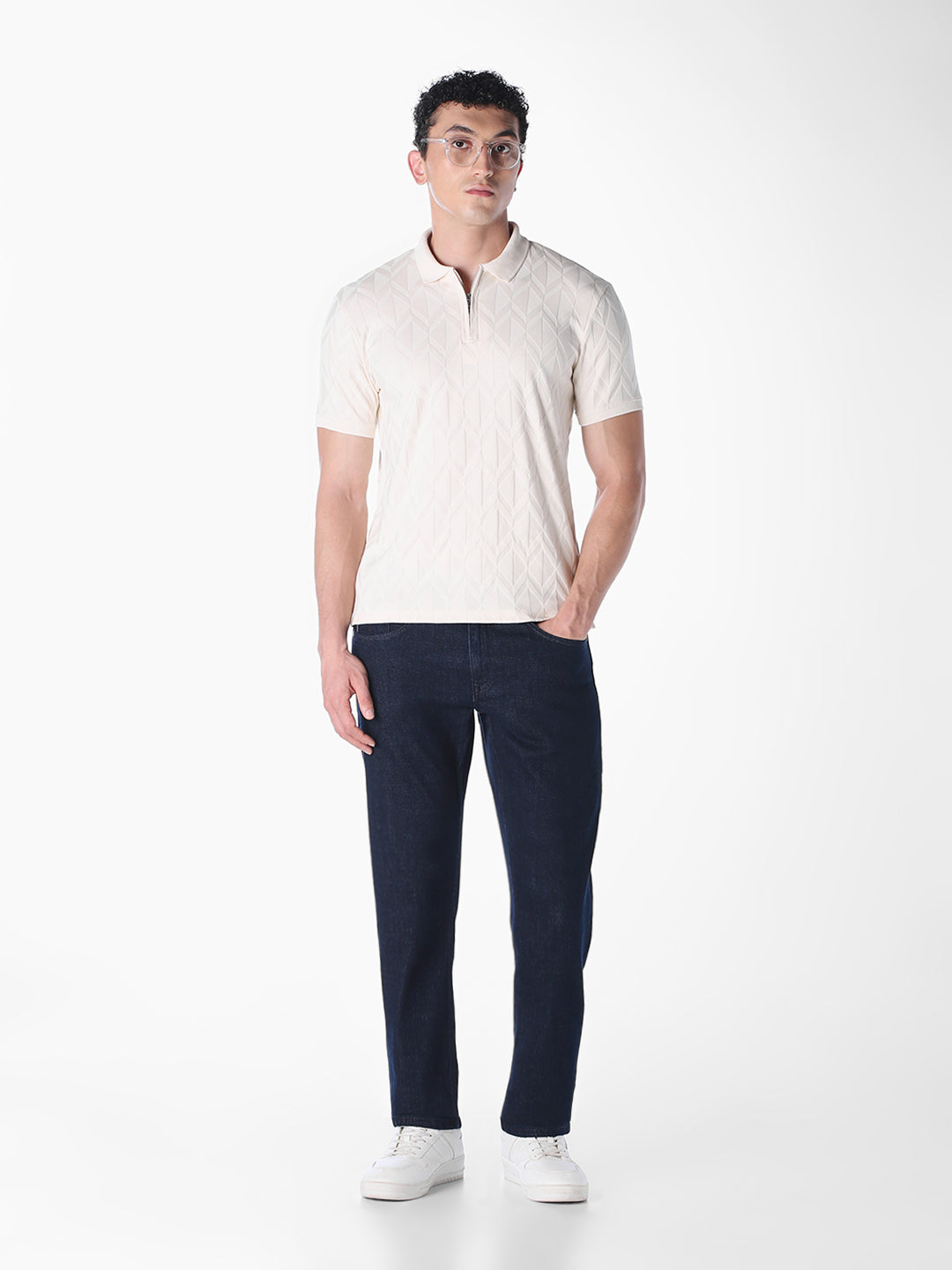 White Jacquard Regular Fit polos
