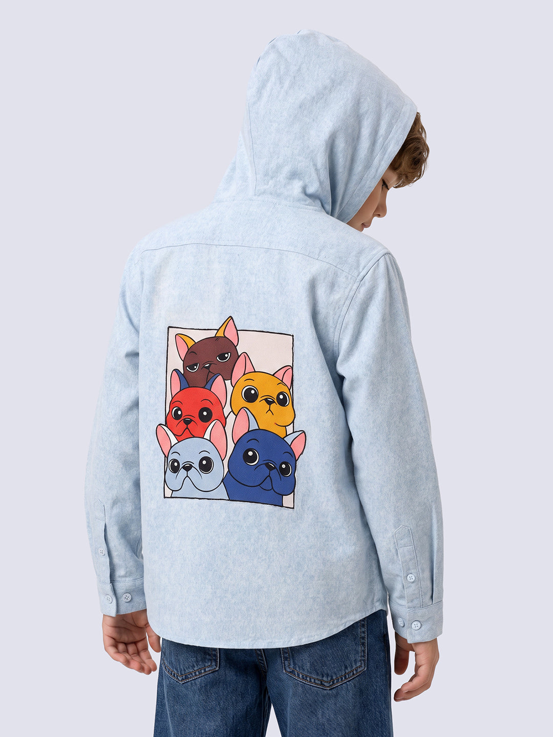 Boys Blue Printed Hooded Shirt