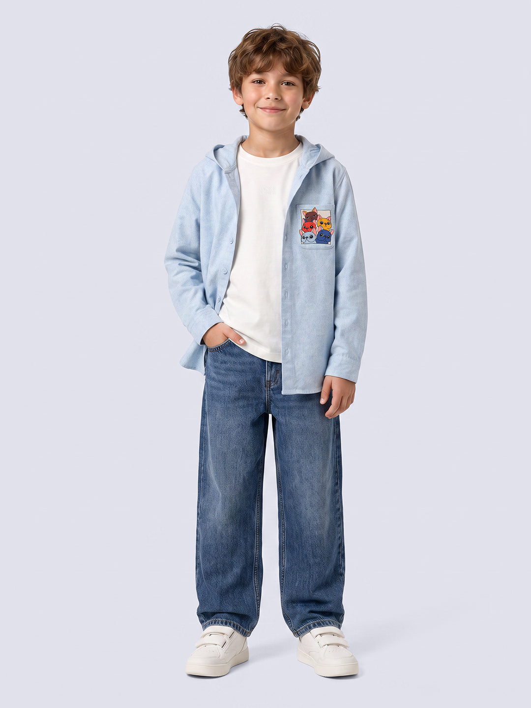 Boys Blue Printed Hooded Shirt