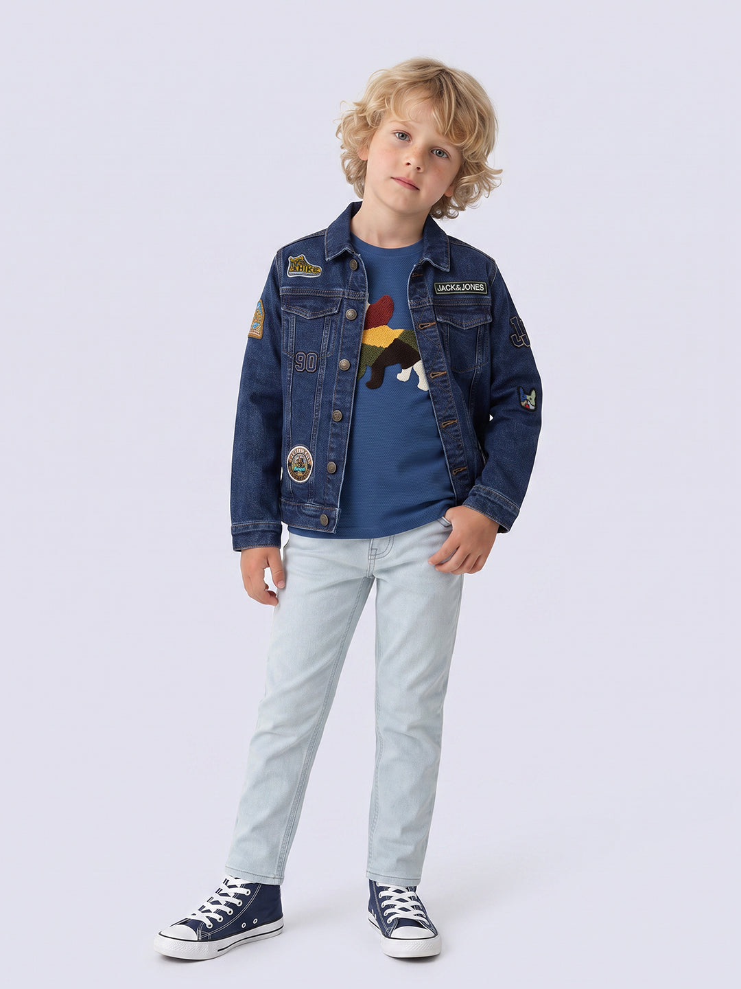 Boys Dark Blue Patchwork Printed Jacket