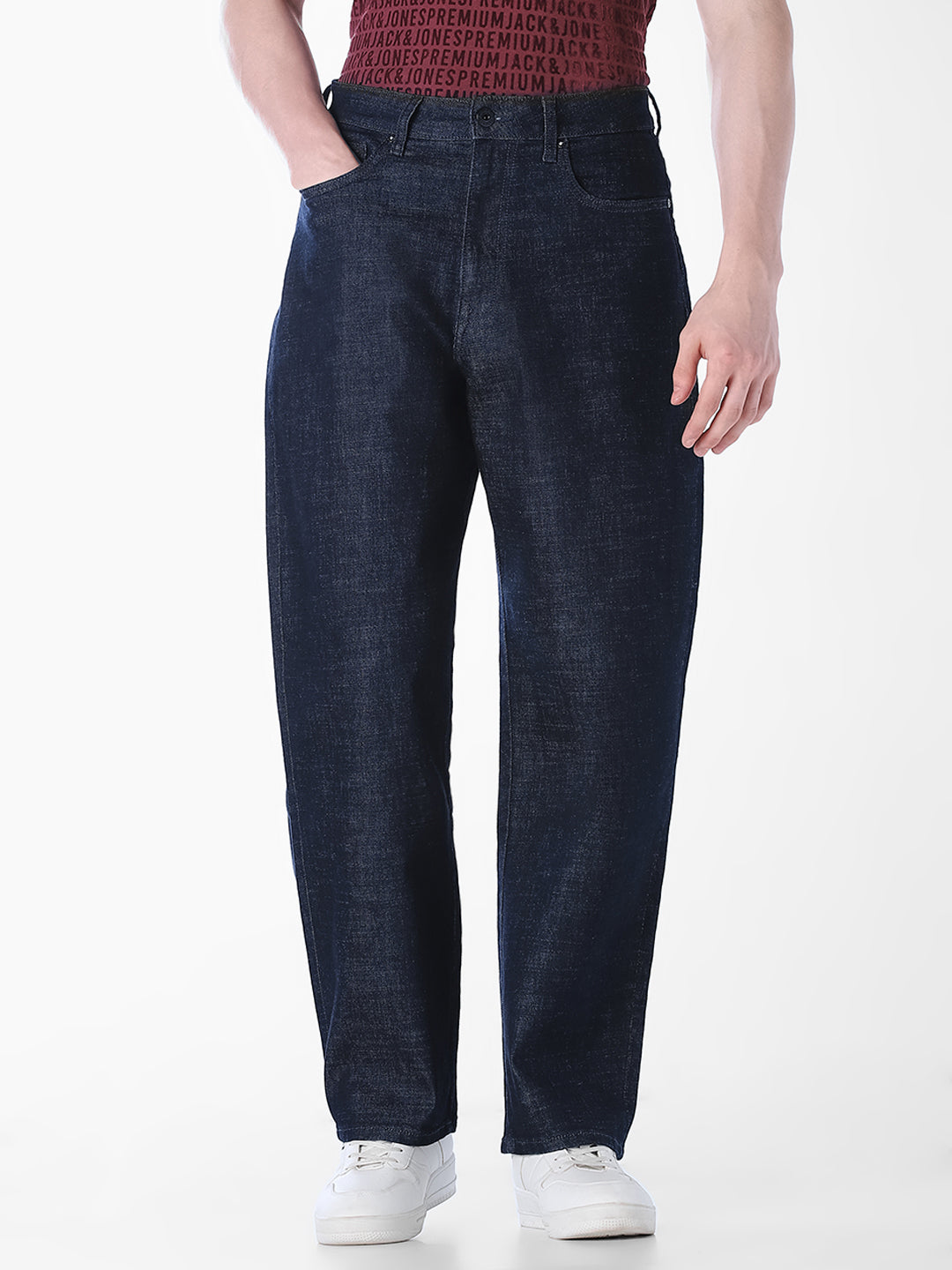 dark blue denim barrel fit jeans