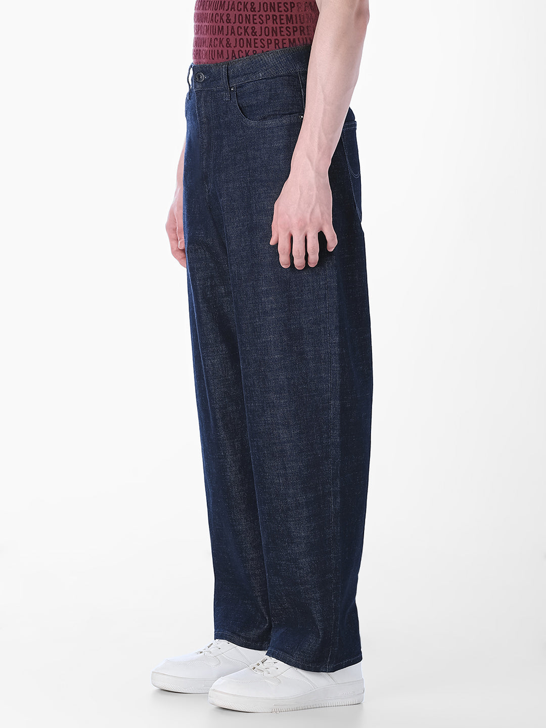 dark blue denim barrel fit jeans