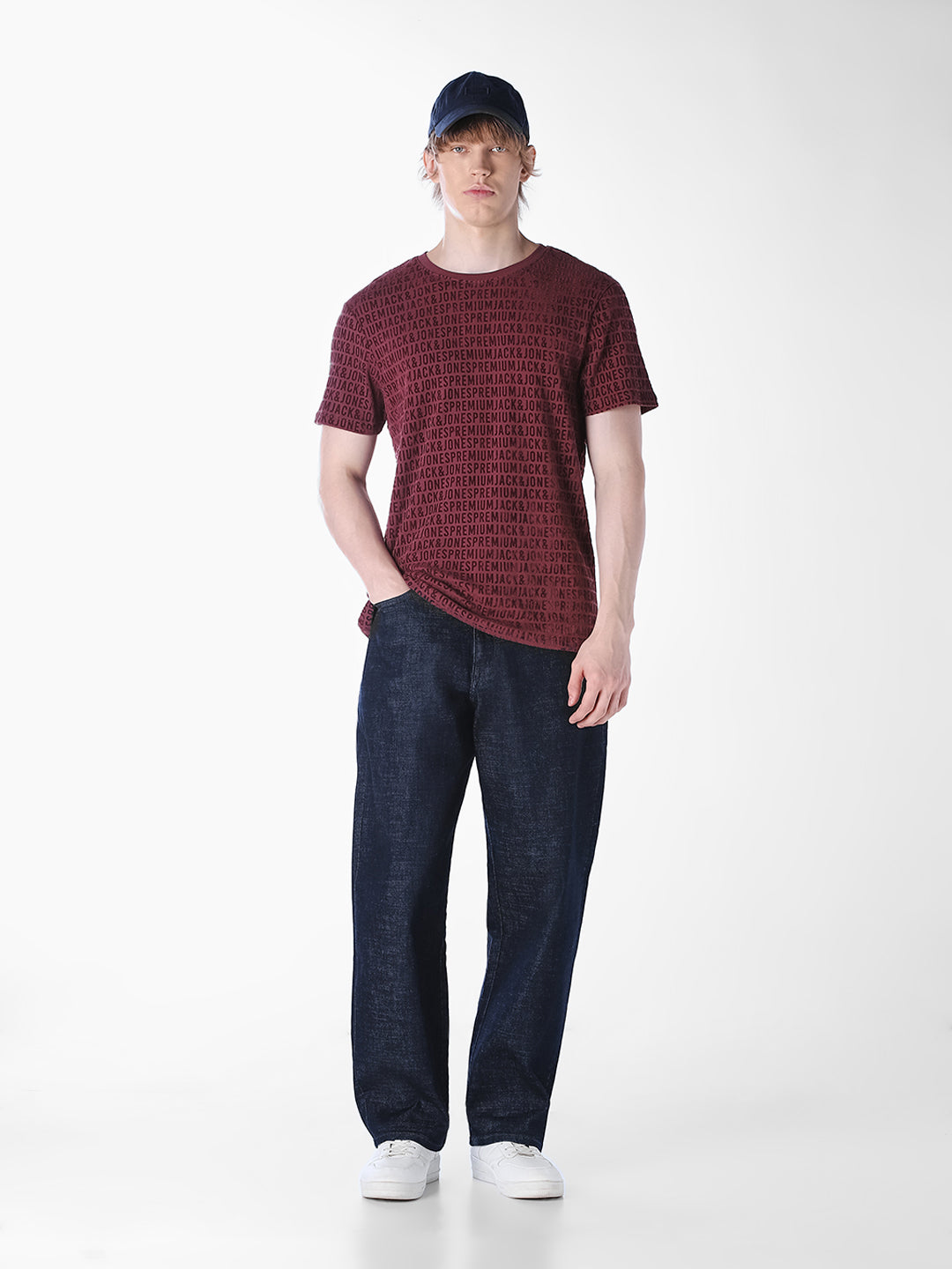 dark blue denim barrel fit jeans