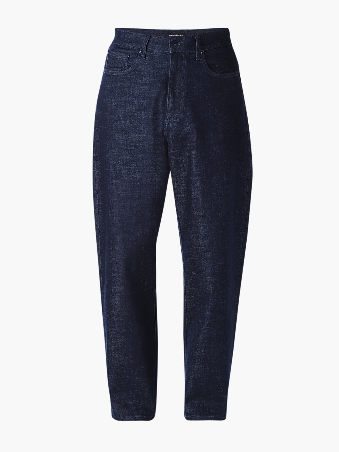 dark blue denim barrel fit jeans