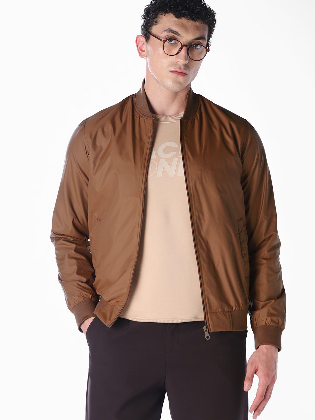 Grey Solid Regular Fit Bomber Jacket