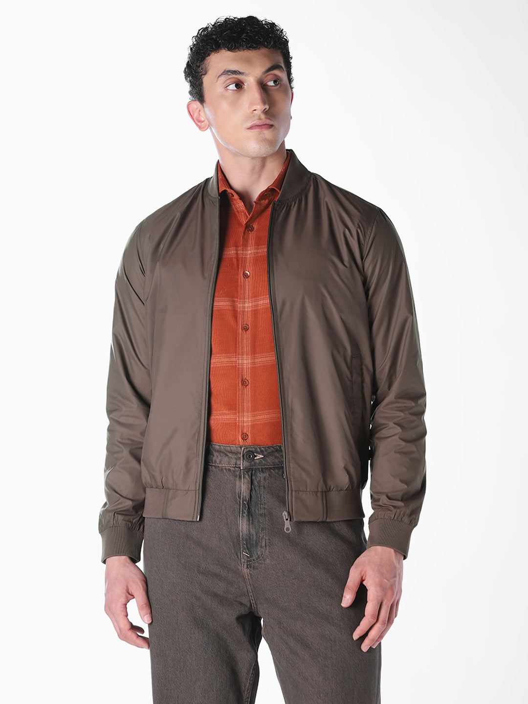 Brown Solid Regular Fit Bomber Jacket