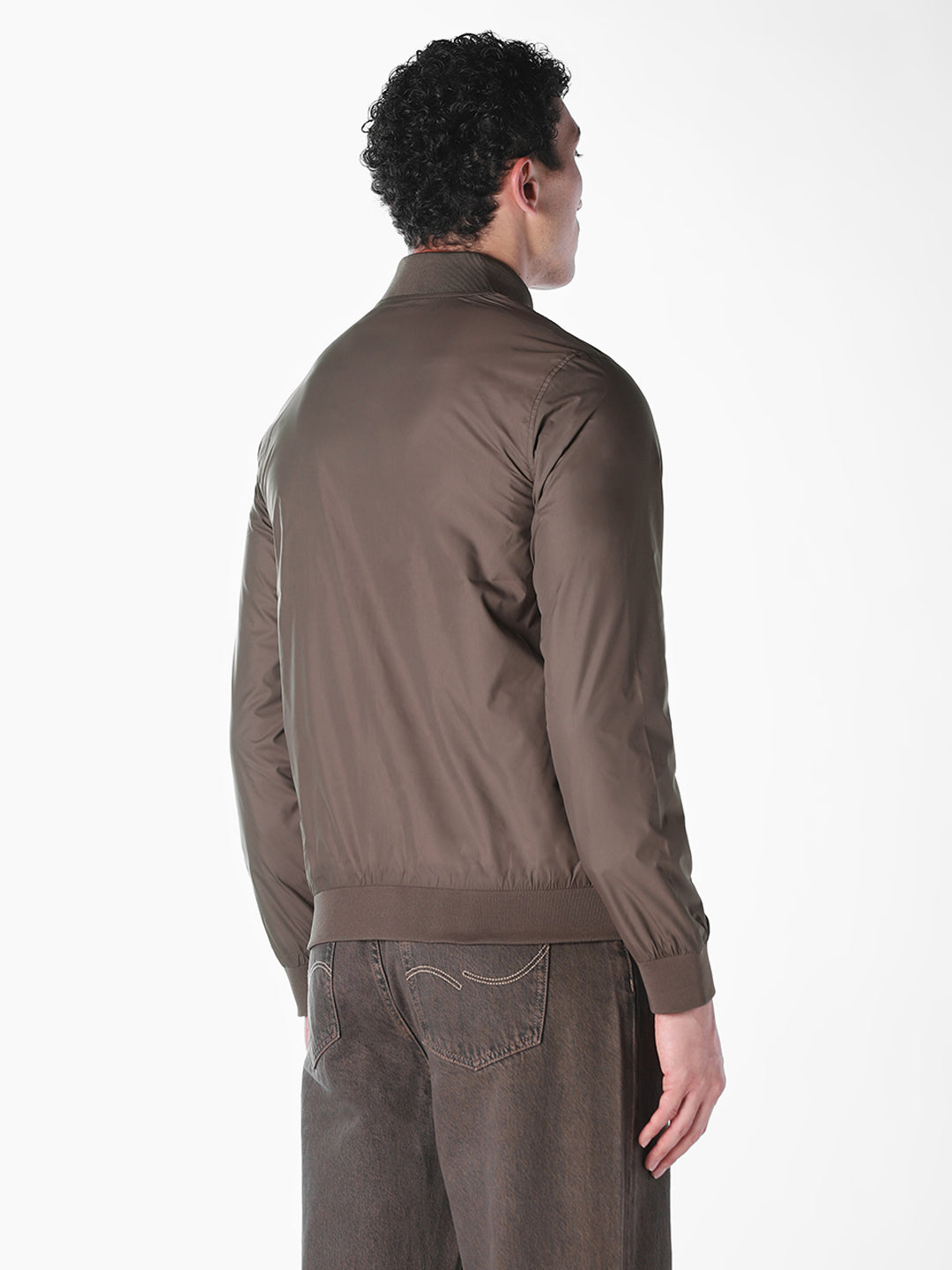 Brown Solid Regular Fit Bomber Jacket