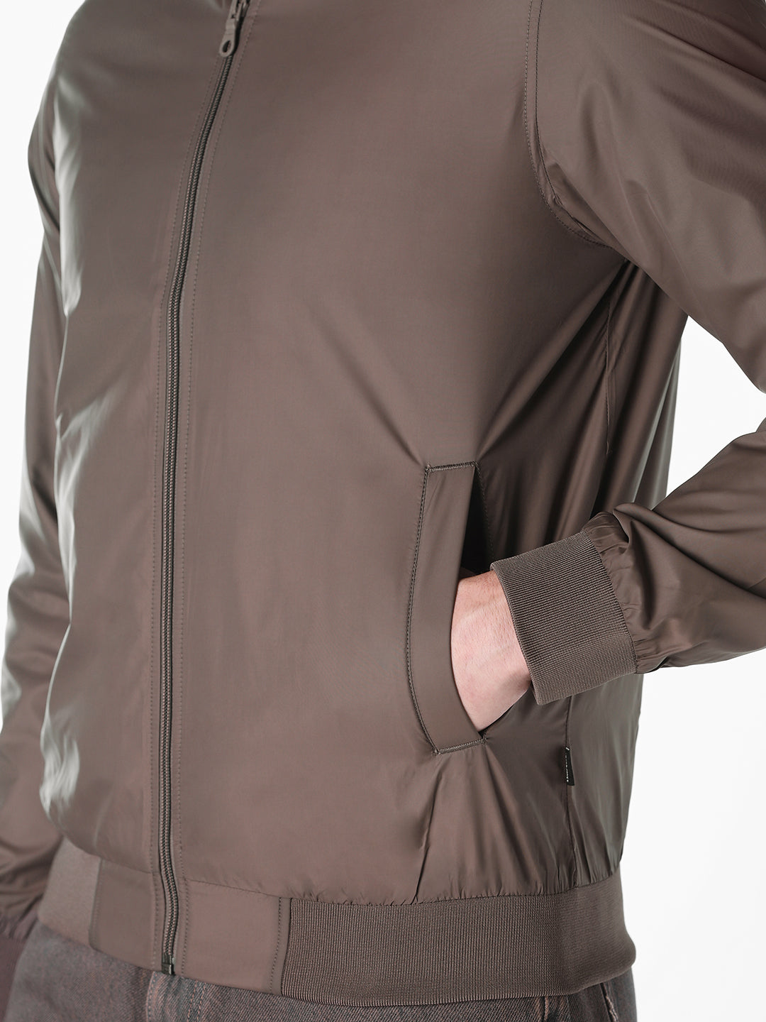 Brown Solid Regular Fit Bomber Jacket