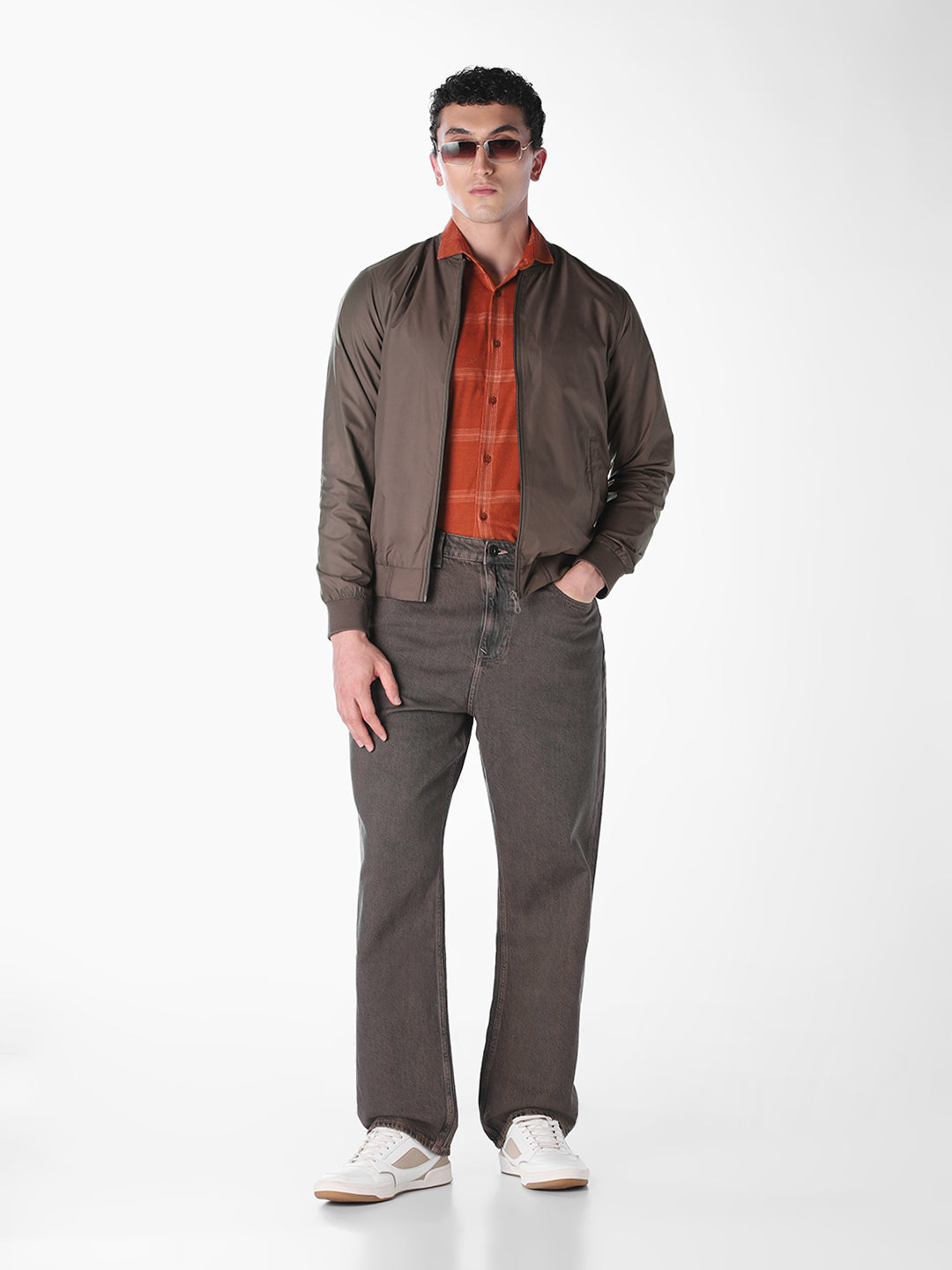 Brown Solid Regular Fit Bomber Jacket