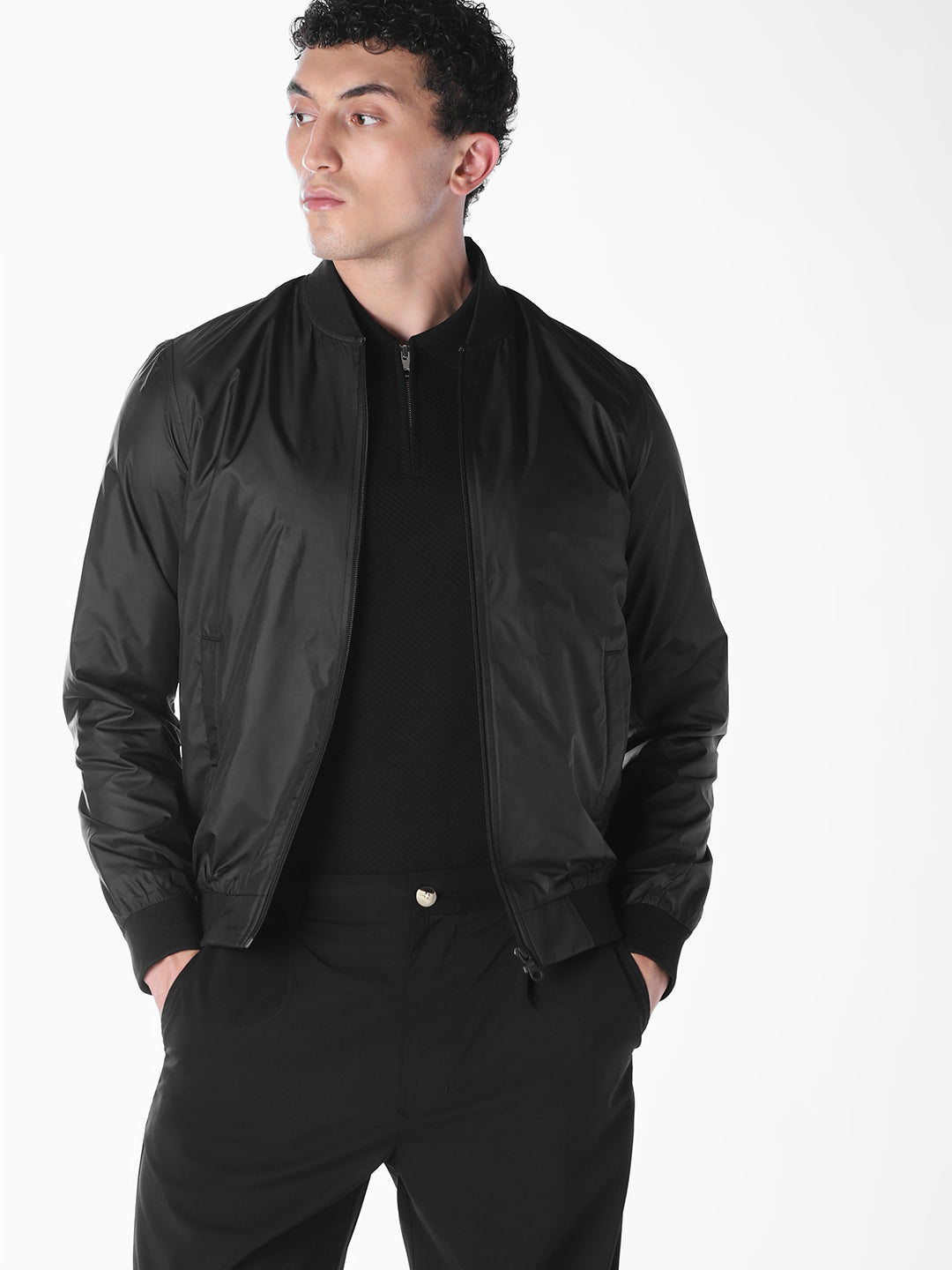 Black Solid Regular Fit Bomber Jacket