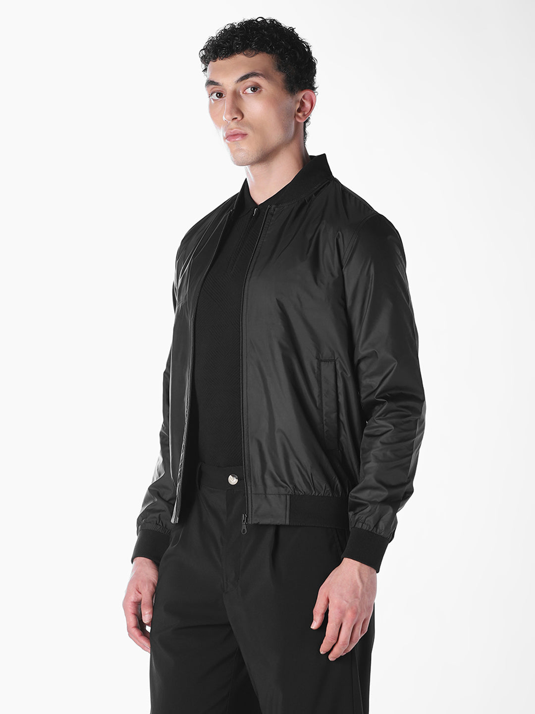 Black Solid Regular Fit Bomber Jacket