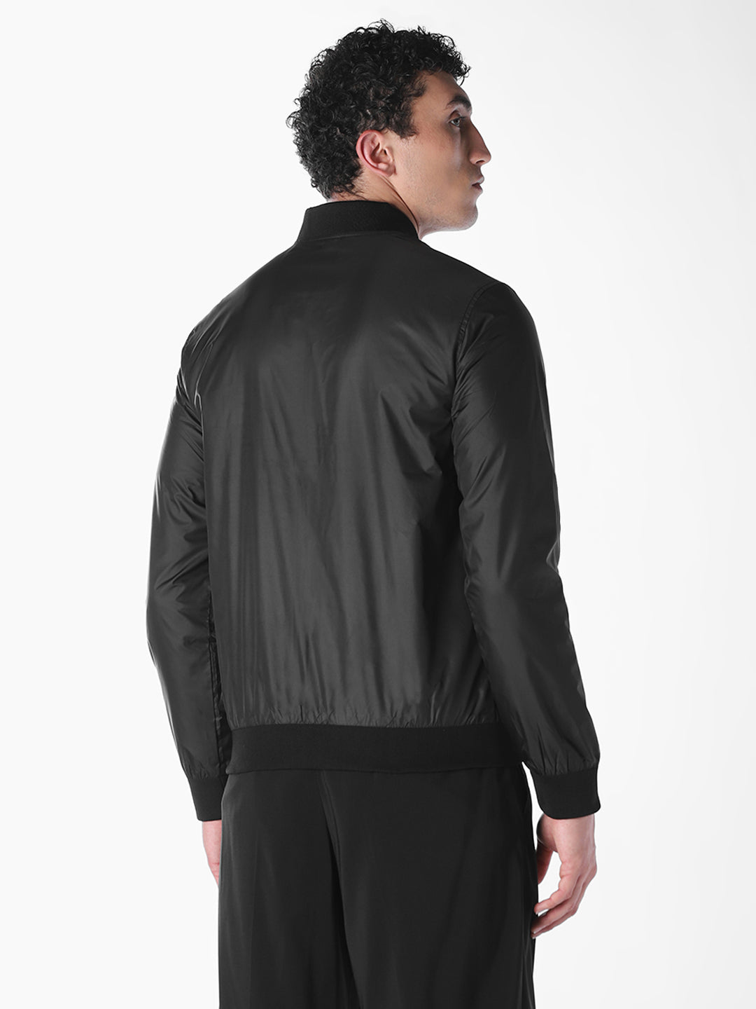 Black Solid Regular Fit Bomber Jacket