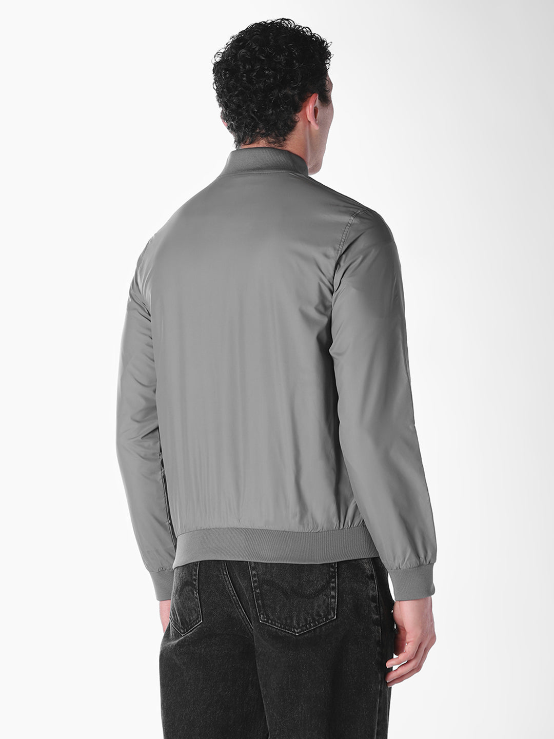 Grey Solid Regular Fit Bomber Jacket