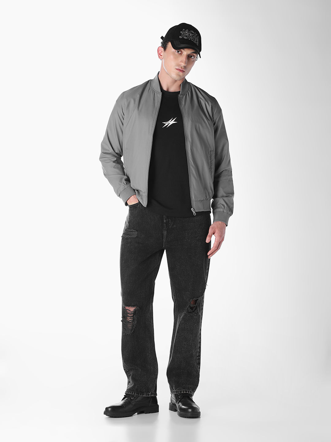 Grey Solid Regular Fit Bomber Jacket