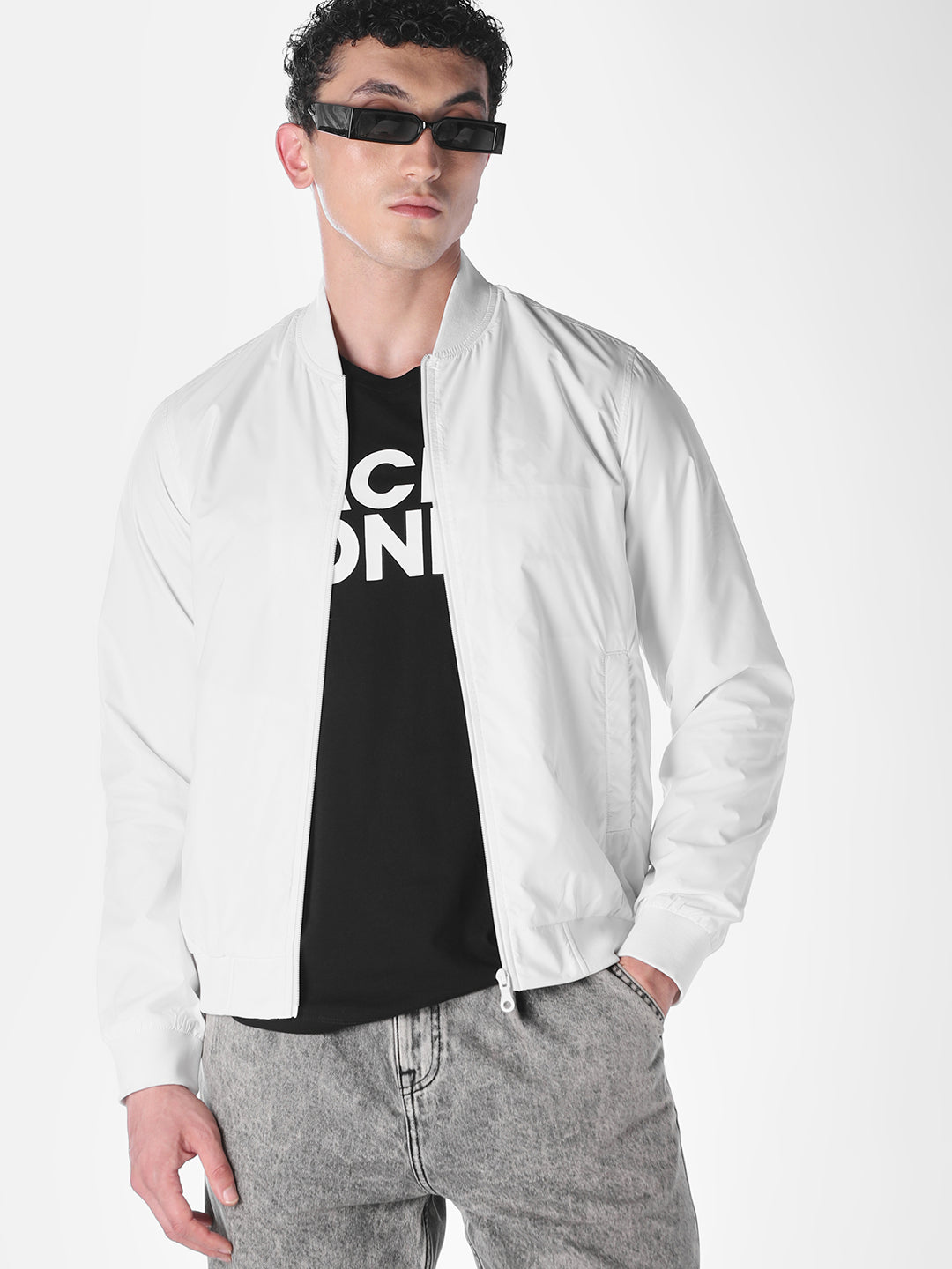White Solid Regular Fit Bomber Jacket