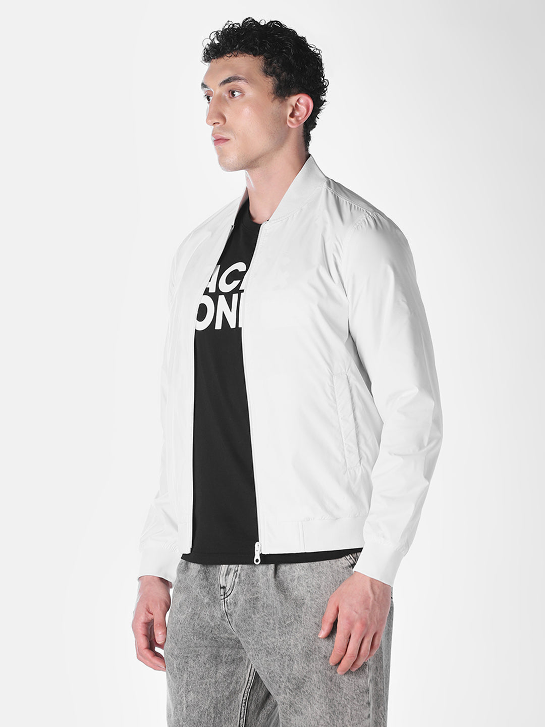White Solid Regular Fit Bomber Jacket