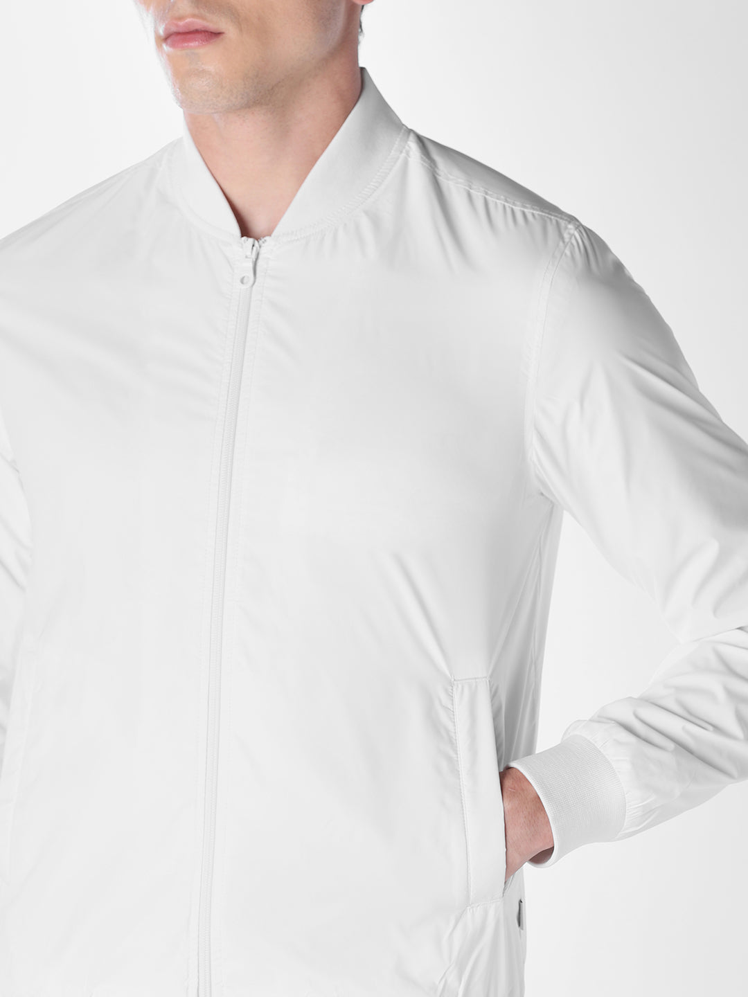 White Solid Regular Fit Bomber Jacket