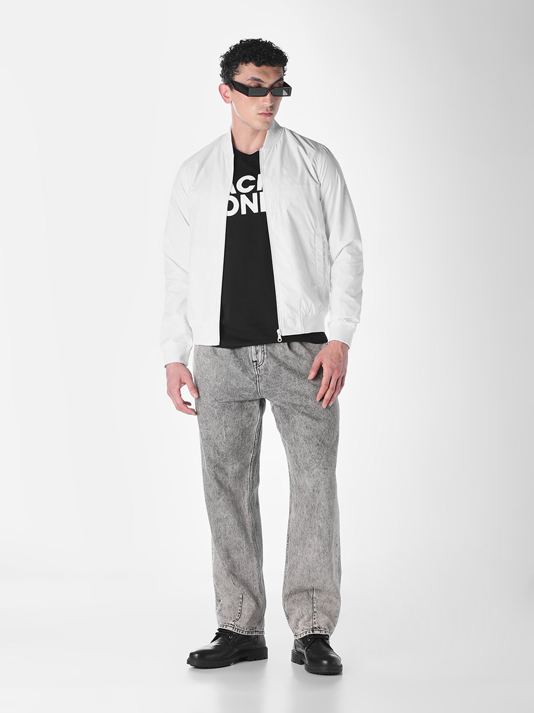 White Solid Regular Fit Bomber Jacket